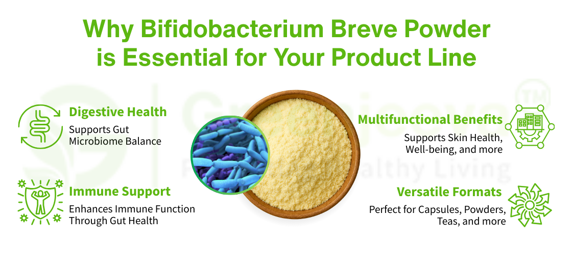 Bifidobacterium Breve Powder's benefits for digestive health, immune support, and versatile formats for products.