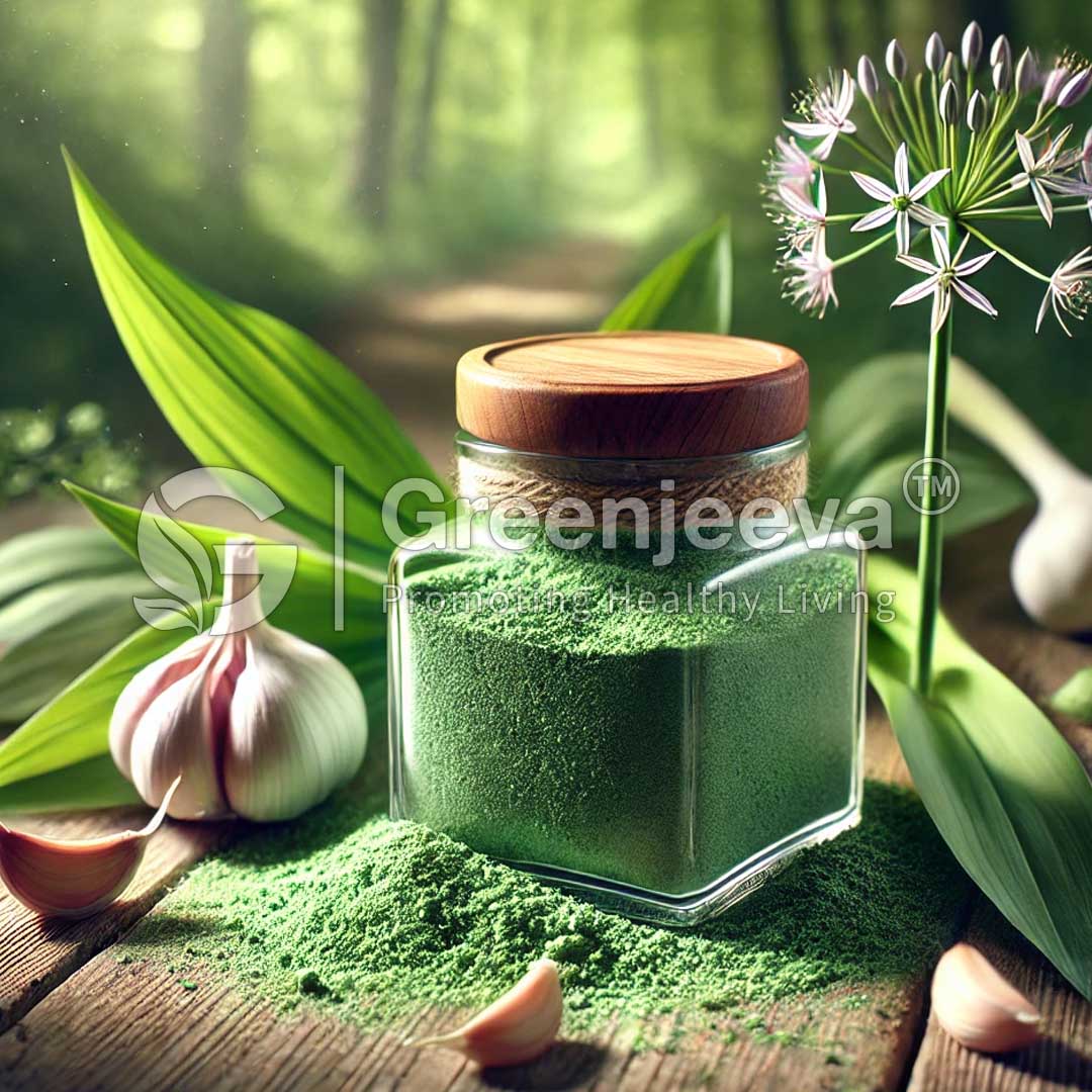 A glass jar filled with Wild Bear’s Garlic Leaf Powder, surrounded by garlic cloves and fresh leaves, representing healthy living and natural ingredients.