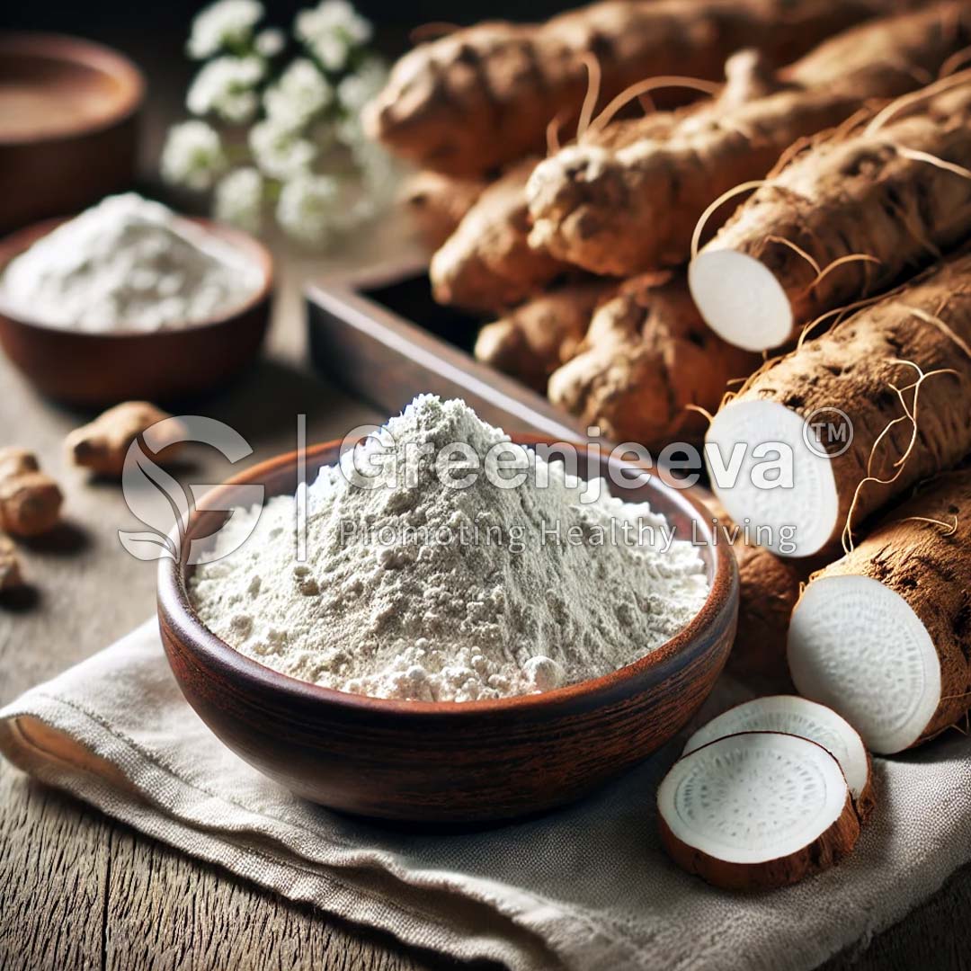 A rustic display of white medicinal powder in a wooden bowl, with sliced roots and whole roots in the background.