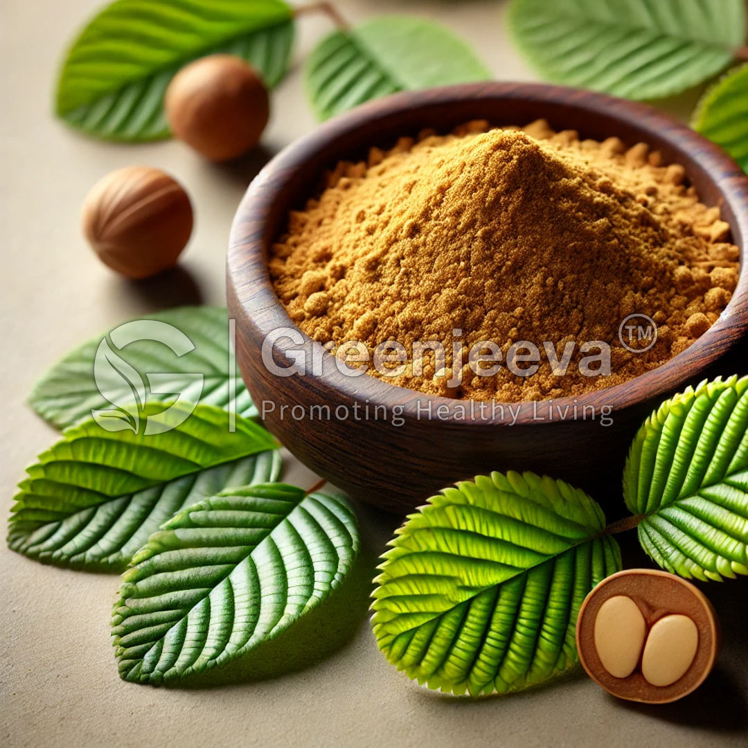 A wooden bowl filled with golden-brown powder, surrounded by green leaves and nuts, emphasizing natural ingredients for health.