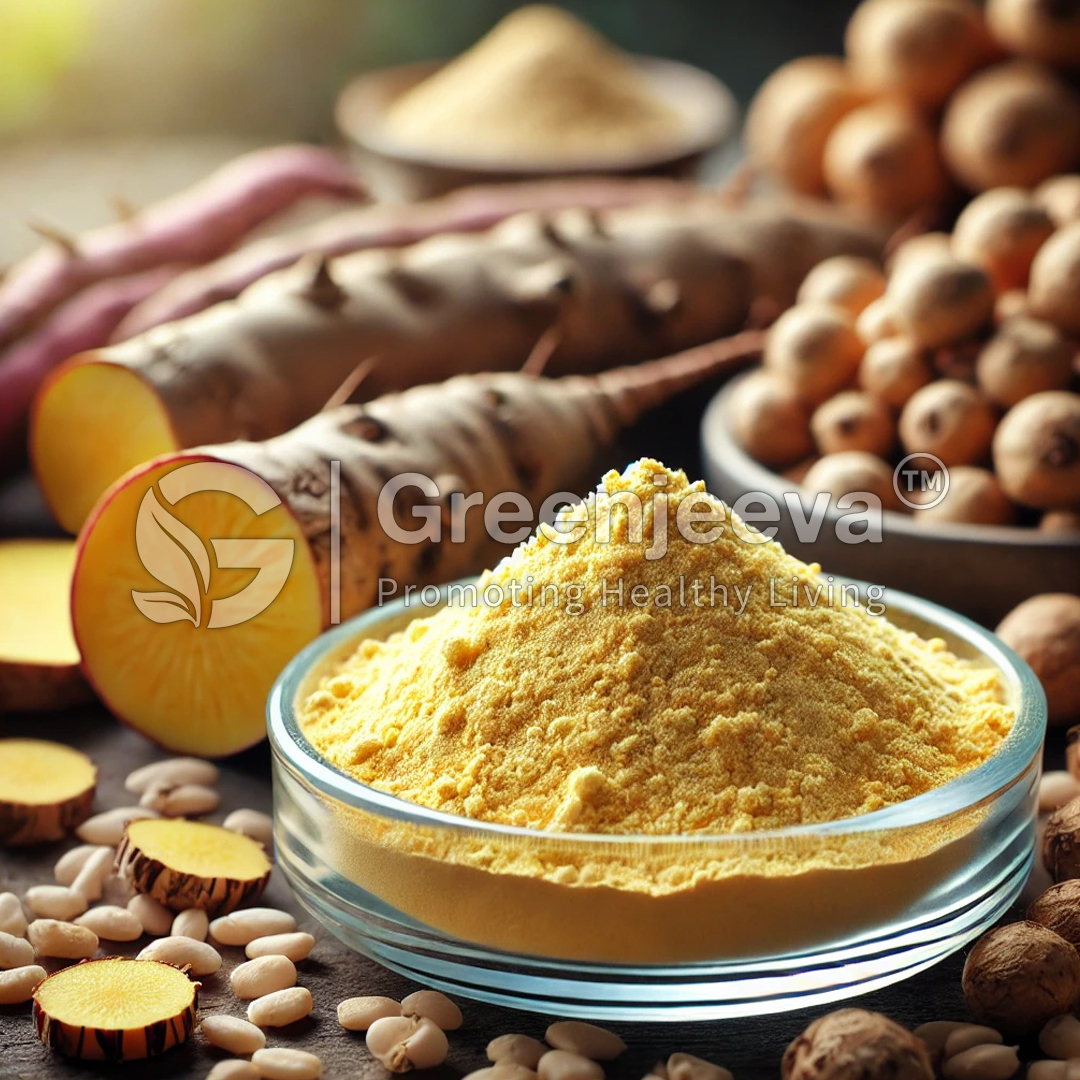 A close-up of golden powder in a glass bowl, surrounded by root vegetables and nuts, promoting healthy living.
