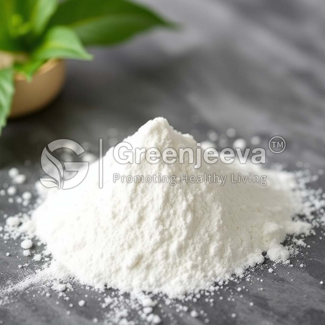A close-up of aZinc Bisglycinate Powder mound on a gray surface, with a green plant blurred in the background, symbolizing natural health products.