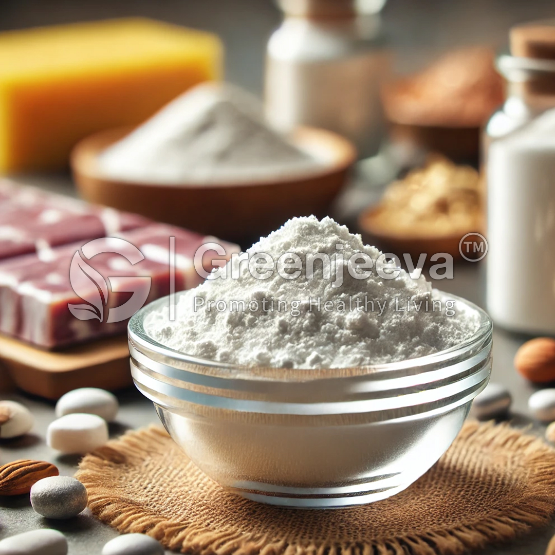 A glass bowl filled with Zinc Glycinate Powder sits on a woven mat, surrounded by various ingredients, showcasing a healthy cooking setup.