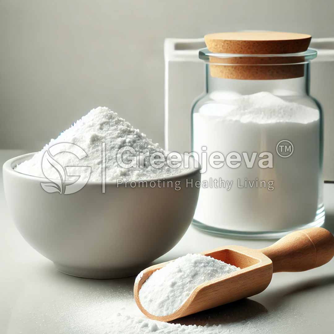 A bowl and a jar filled with Zinc Oxide Powder, with a wooden scoop beside them, against a minimalist background.