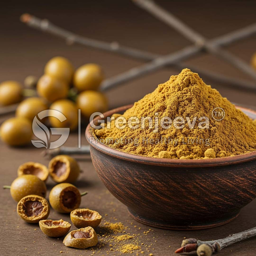 A wooden bowl filled with Zizyphus spinosa sits amid whole and sliced round fruits, showcasing natural ingredients.