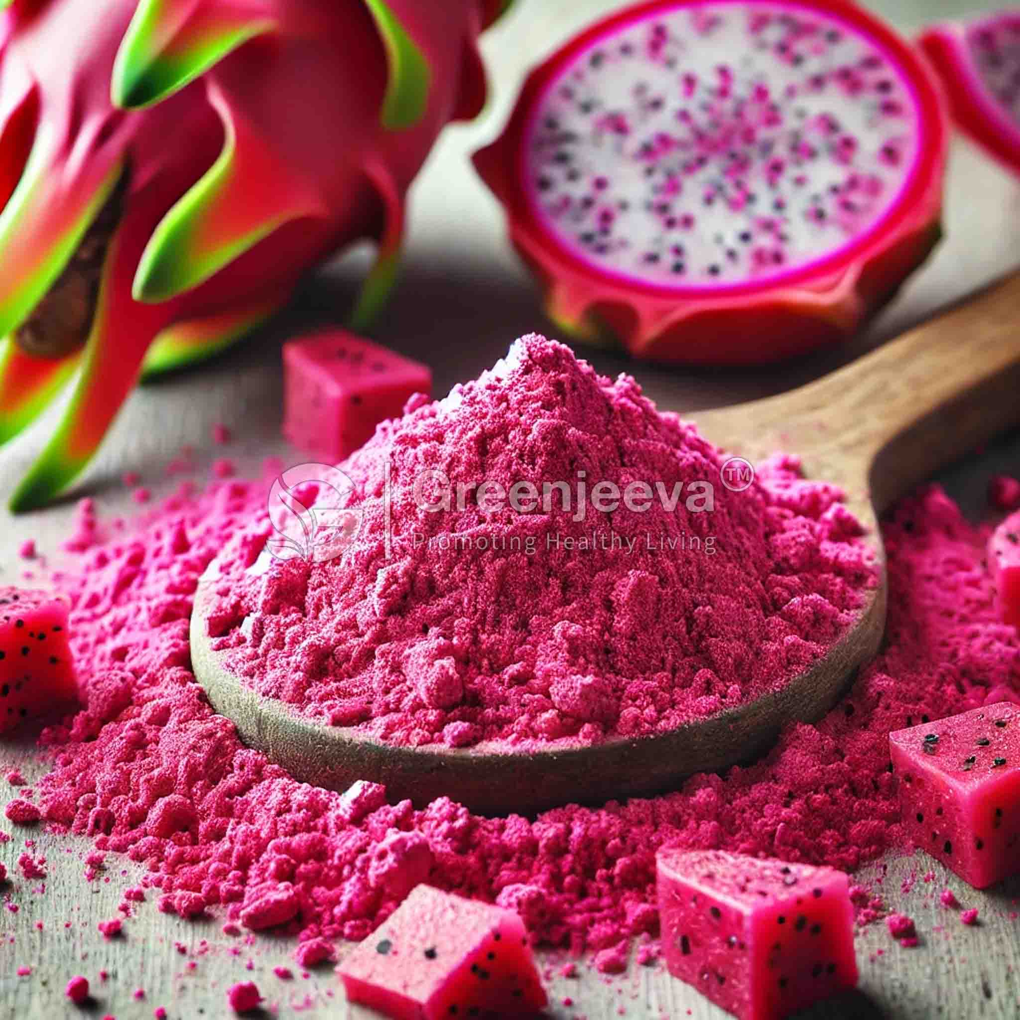 A wooden spoon holds vibrant pink dragon fruit powder, surrounded by fresh dragon fruit pieces and pink cubes.