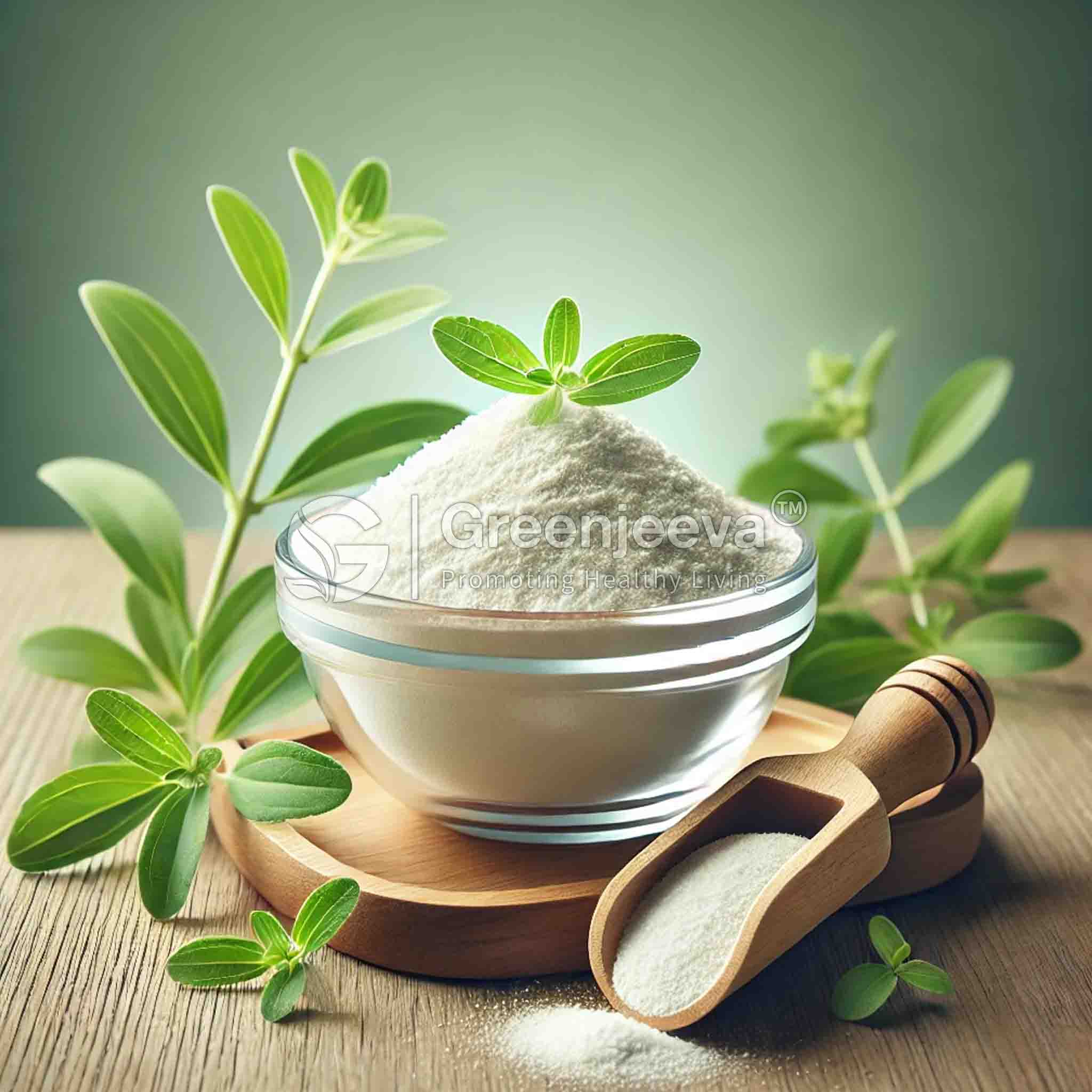 A glass bowl of organic stevia powder topped with fresh green leaves, set on a wooden surface with a small wooden scoop nearby.