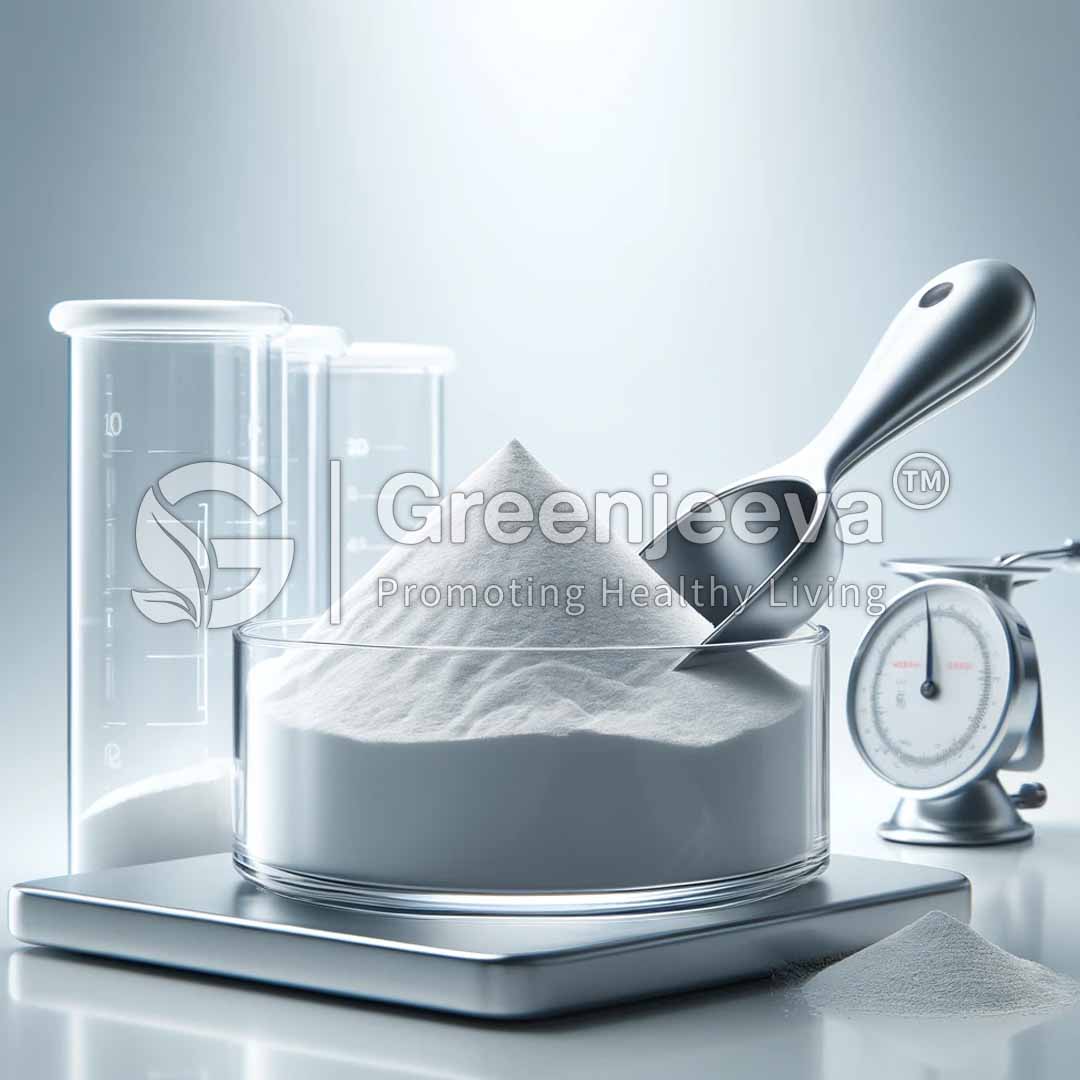 A clear container filled with polydextrose powder is shown on a digital scale, accompanied by a measuring scoop and laboratory glassware.