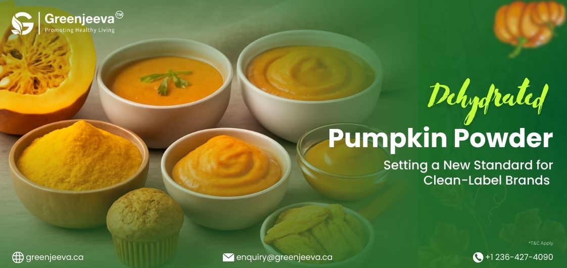 Image of various bowls of pumpkin powder and puree, alongside a fresh pumpkin, promoting clean-label dehydrated pumpkin powder.