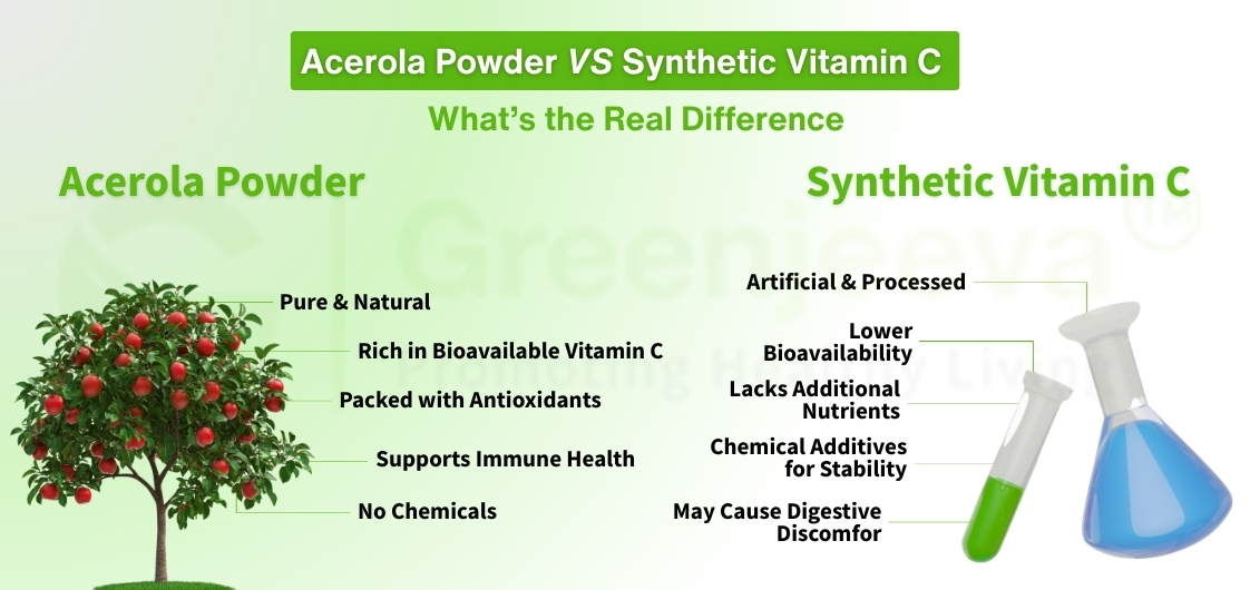 Comparison chart highlighting benefits of Acerola Powder versus downsides of Synthetic Vitamin C, focusing on purity, nutrients, and health effects.