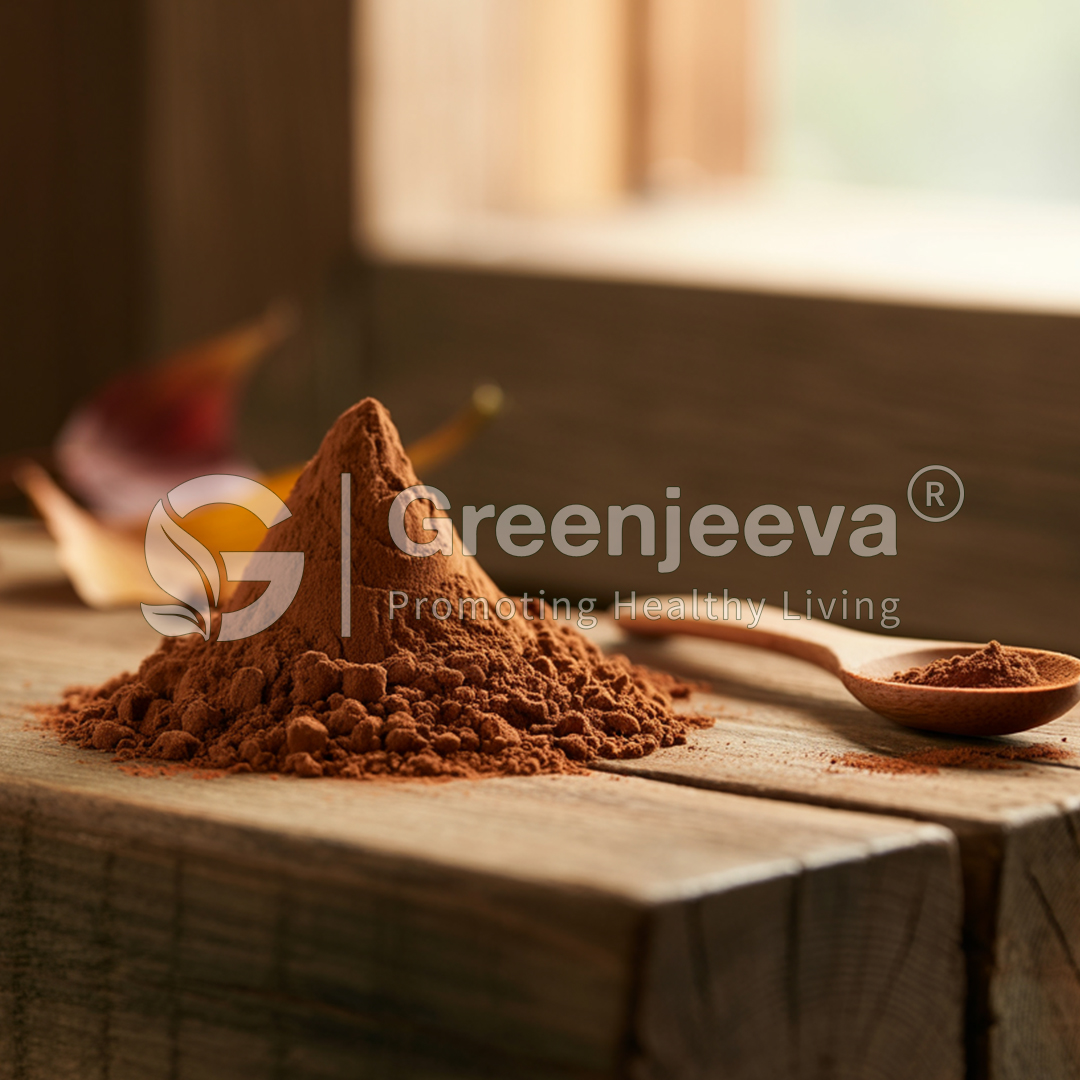 A mound of Fall Blend powder on a wooden surface, with a wooden spoon filled with the same powder in the foreground.