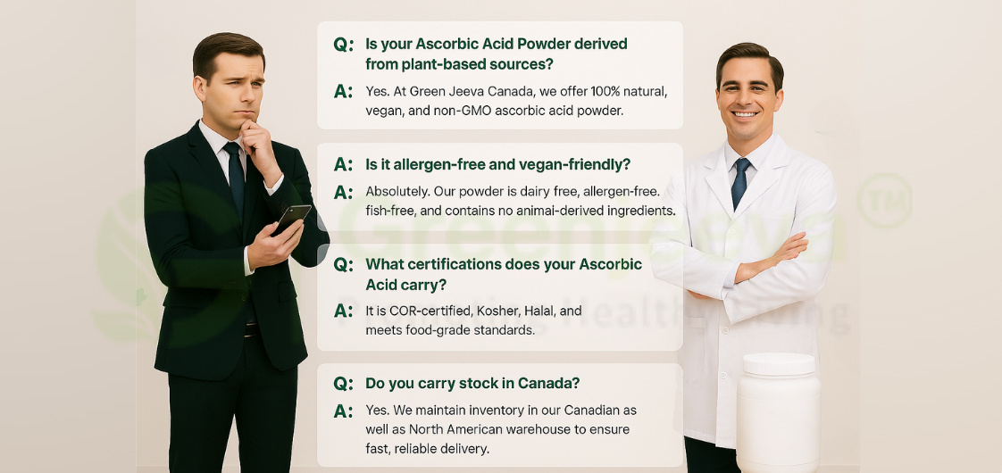 Two professionals discuss questions about ascorbic acid powder, showcasing product details and certifications with a white container nearby.