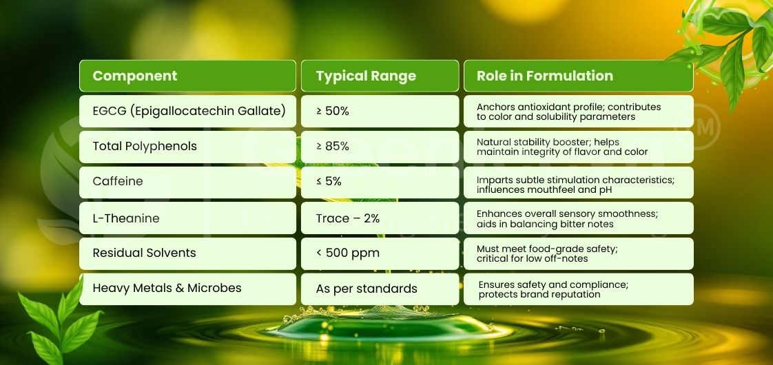Table displaying components, typical ranges, and roles in formulation for a product, featuring a green and gold background.