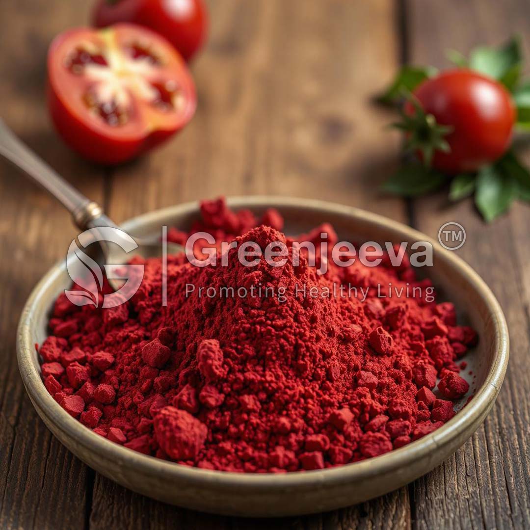 A dish filled with Lycopene powder, surrounded by fresh tomatoes and greenery, set on a wooden table.