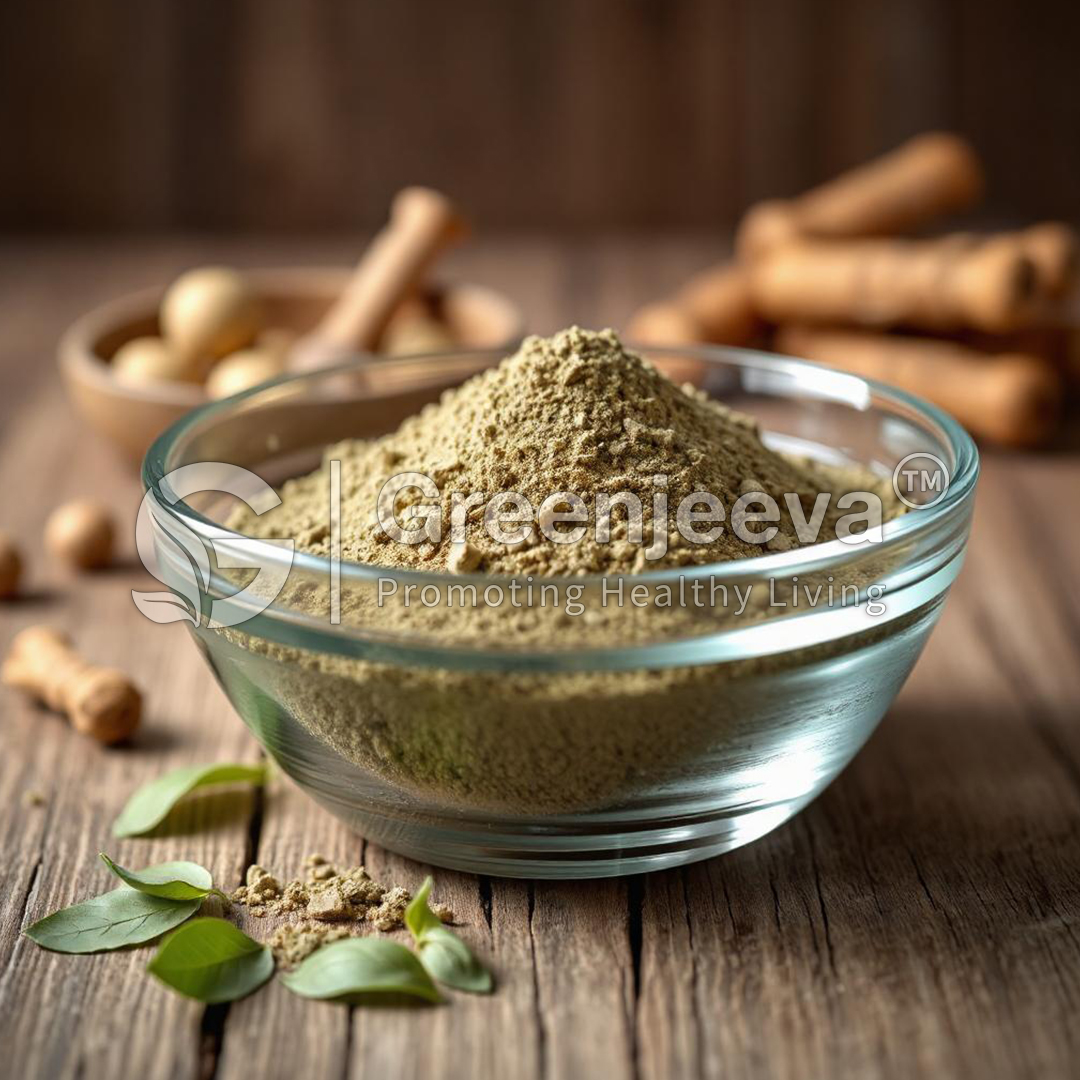 A glass bowl filled with mugwort leave powder, surrounded by fresh leaves and spices, highlighting natural health ingredients.