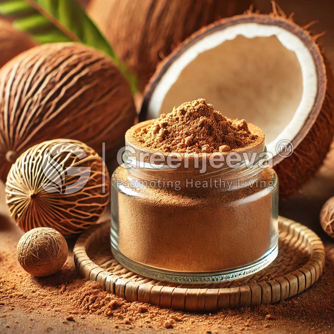 A glass jar filled with Organic Poria Cocos Fruiting-Body-Extract-Powder sits on a woven coaster, surrounded by whole nutmeg and coconut shells.
