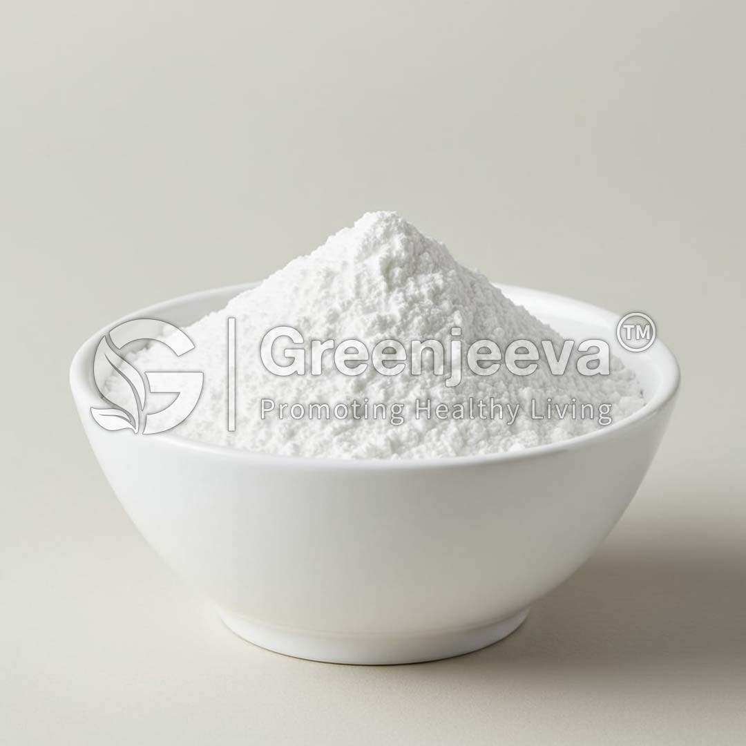 Sorbitol powder mound sits in a simple white bowl against a neutral background, with a subtle logo overlay.