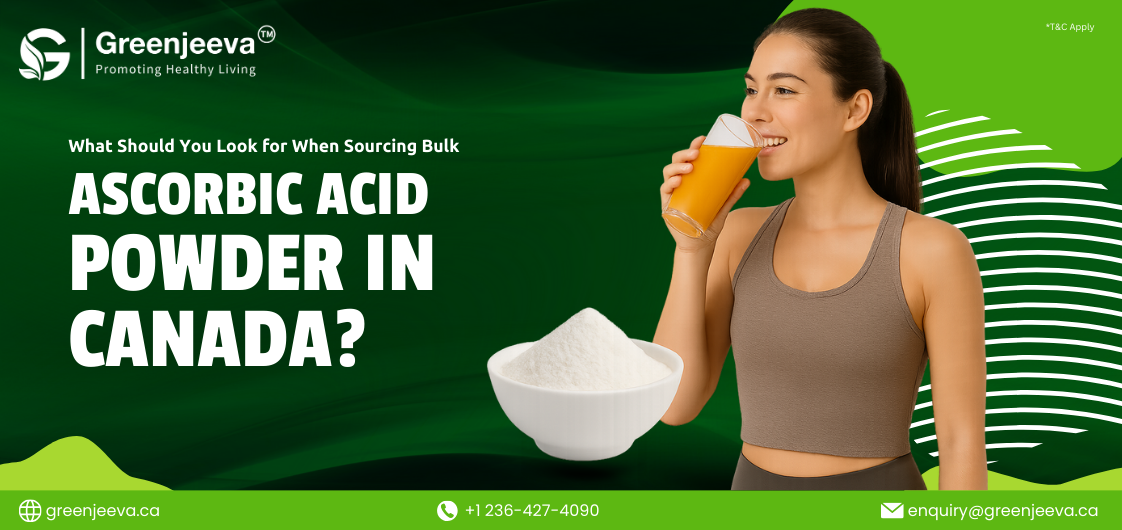 A woman in a brown tank top holds a glass of orange drink next to a bowl of ascorbic acid powder, against a green background.