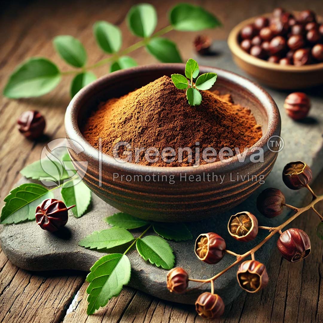 A rustic bowl filled with Uva Ursi powder sits on a stone surface, surrounded by green leaves and seeds, evoking natural remedies.
