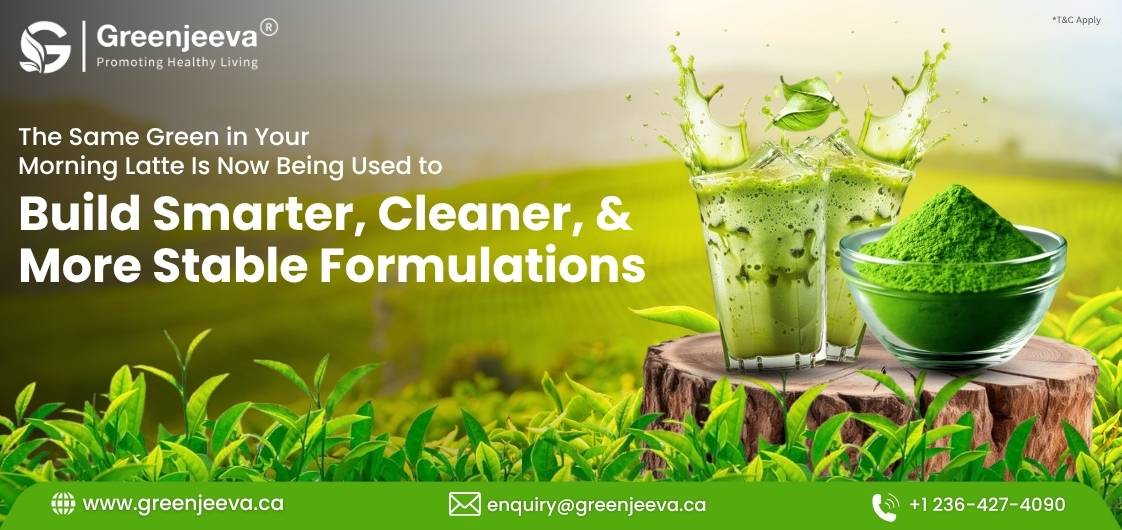Fresh green drinks and powder on a wooden surface, highlighting a message about eco-friendly formulations and healthy living.