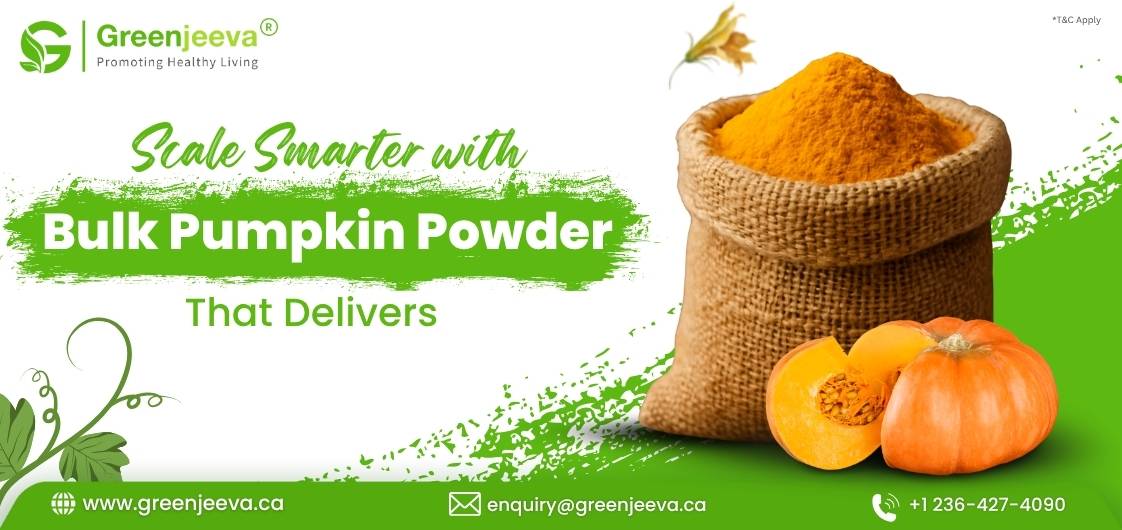 A burlap sack filled with bright orange pumpkin powder, alongside fresh pumpkin halves, promoting bulk pumpkin powder for healthy living.