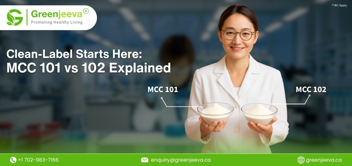 A woman in a lab coat holds two bowls of powder, labeled MCC 101 and MCC 102, with a scientific background promoting healthy living.