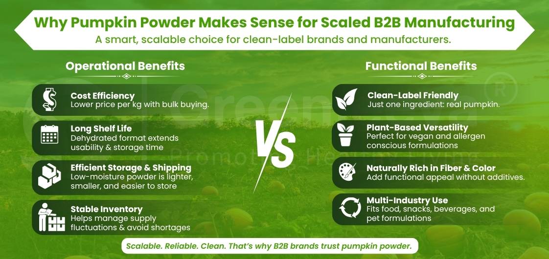Infographic detailing the operational and functional benefits of pumpkin powder for clean-label B2B manufacturing, highlighting efficiency and versatility.