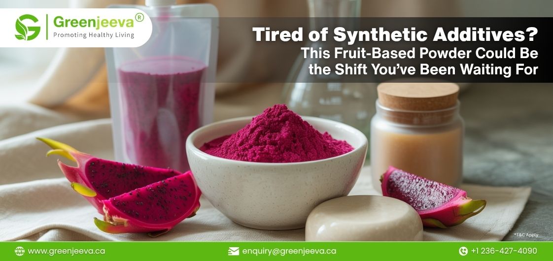 A vibrant dragon fruit powder in a bowl, surrounded by fresh dragon fruit, promoting a natural, healthy lifestyle.