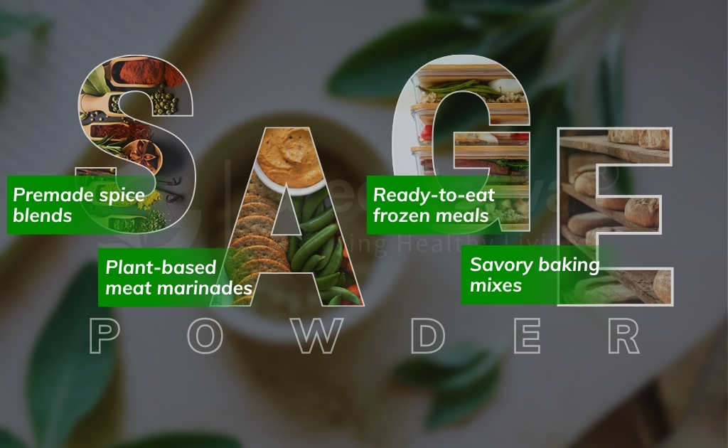 Graphic highlighting "SAGE POWDER" with images of spice blends, plant-based marinades, frozen meals, and baking mixes.