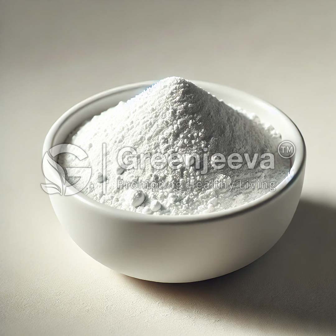 A bowl filled with Vitamin U Powder, cast softly in light, representing health and wellness products branded by Greenjeeva.