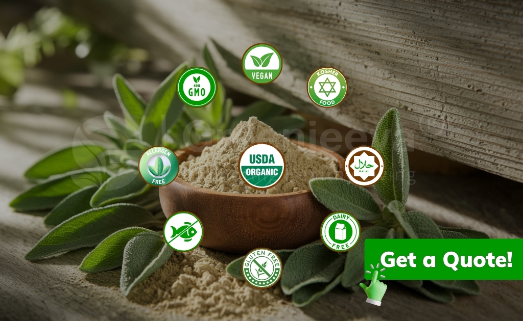 A wooden bowl of powder surrounded by green leaves, featuring various health certification icons like USDA Organic, Vegan, and Gluten-Free.