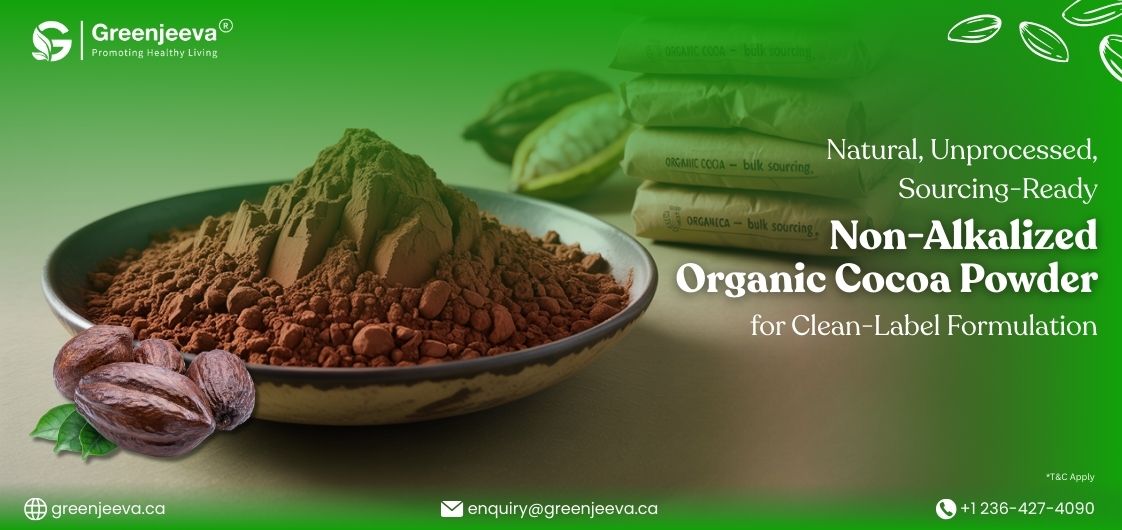 A bowl of non-alkalized organic cocoa powder beside cocoa beans