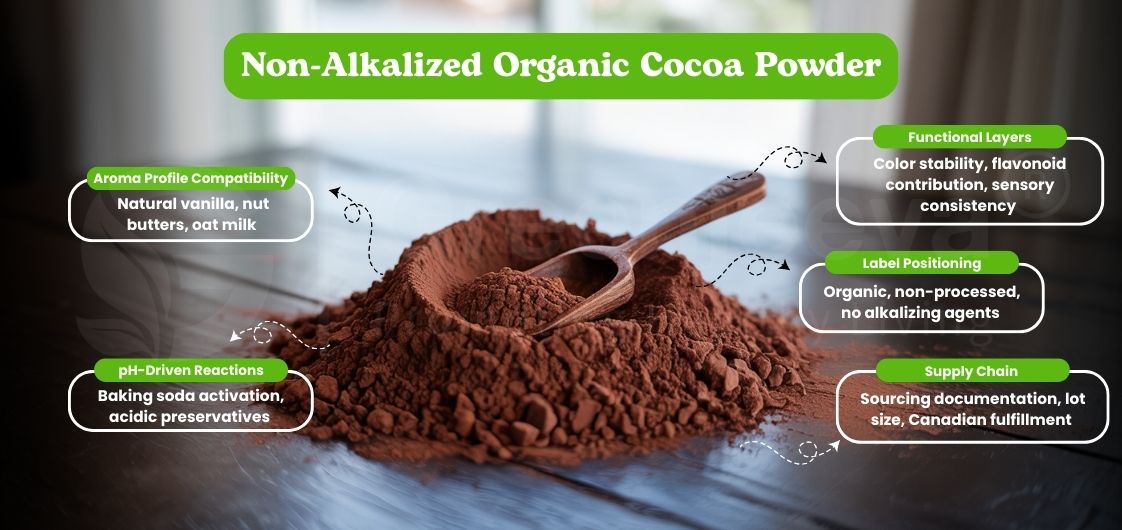 A wooden spoon rests in a mound of brown cocoa powder