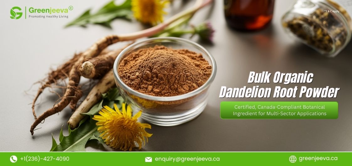 Organic dandelion root powder in a small glass bowl, showcasing its earthy brown color and fine texture.