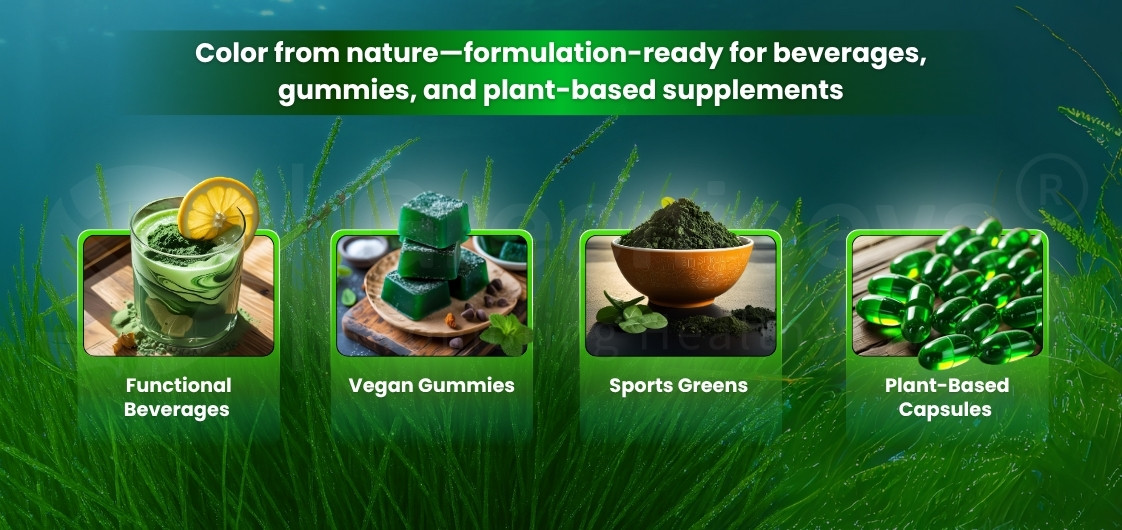 Four green-themed product categories: functional beverages, vegan gummies, sports greens, and plant-based capsules, set against a natural backdrop.