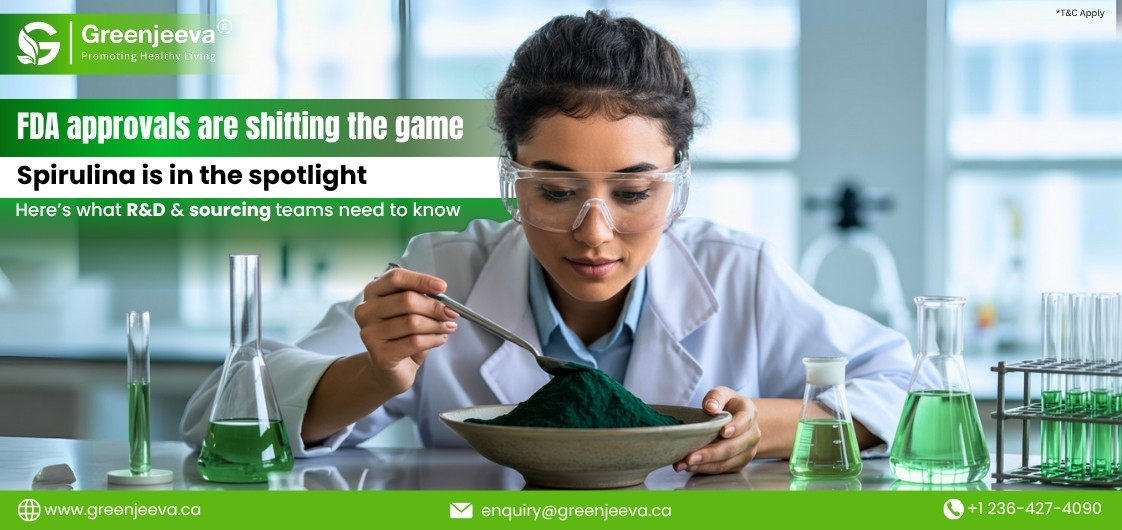 A scientist examines spirulina powder in a laboratory, surrounded by glassware and vibrant green samples, highlighting FDA approvals.