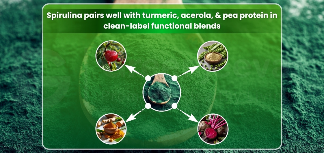 A vibrant green spirulina powder surrounded by icons of turmeric, acerola, pea protein, and beetroot, highlighting healthy blends.