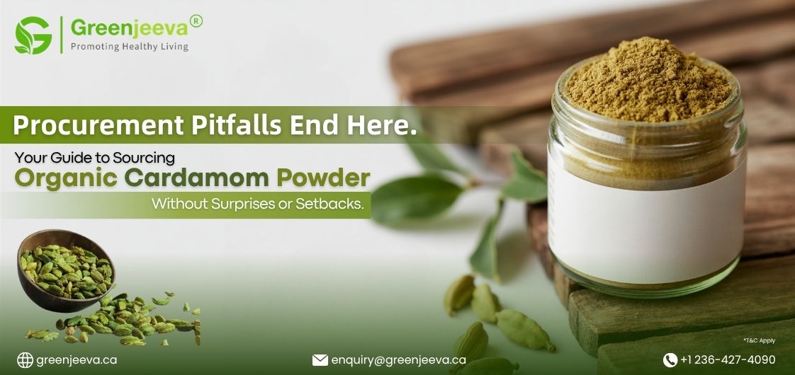 Visual banner of Organic Cardamom Fruit Powder with vibrant green tones, clean-label text overlay, and product application highlights