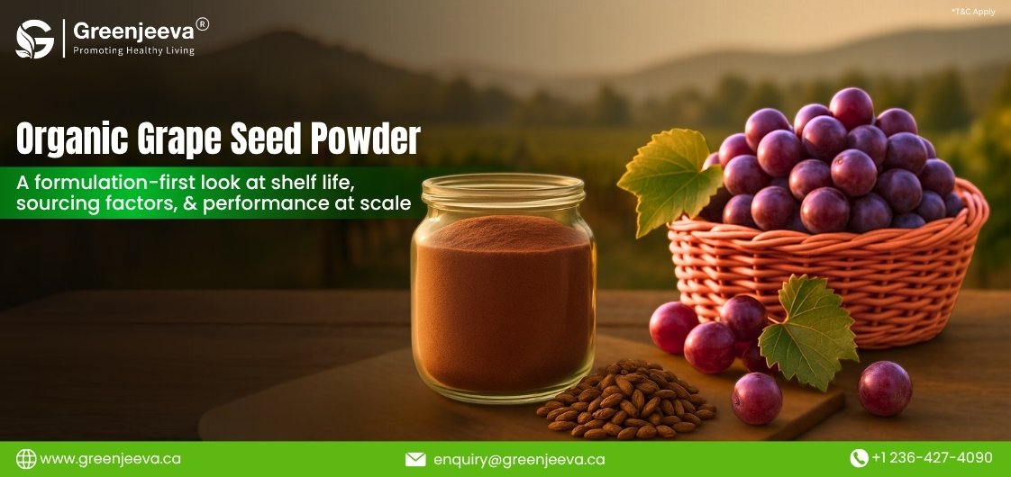 A jar of organic grape seed powder sits beside fresh grapes and seeds, highlighting health and nutrition. Greenjeeva branding in the background.