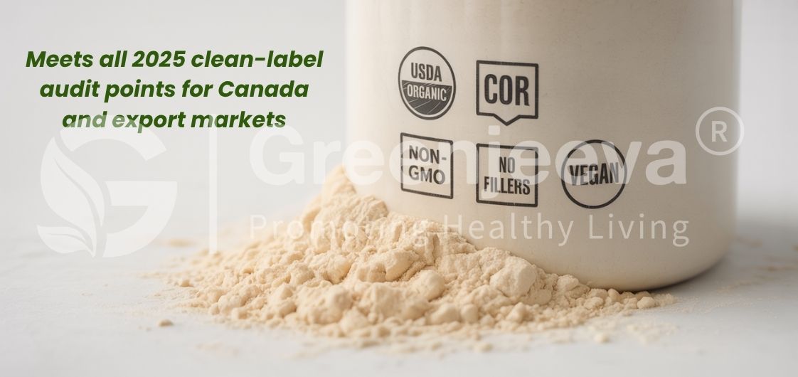 A powder container displaying clean-label certifications: USDA Organic, Non-GMO, Vegan, No Fillers, with powder spilled around it.