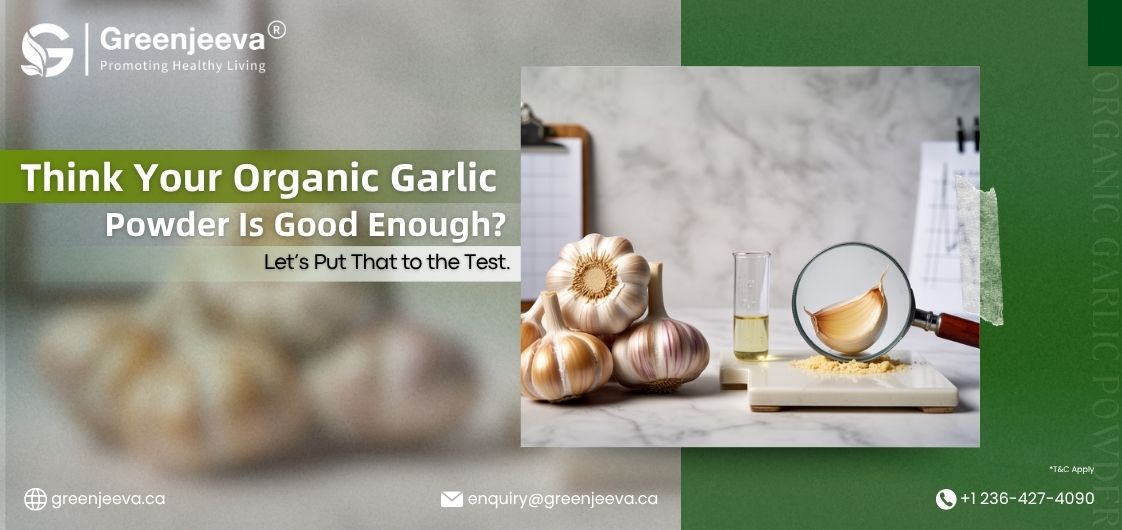 An image showcasing garlic bulbs, powder, and a magnifying glass, promoting a quality test for organic garlic products by Greenjeeva.