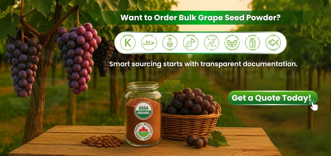 A jar of grape seed powder sits on a wooden table, surrounded by fresh grapes and greenery, promoting bulk ordering with transparent sourcing.