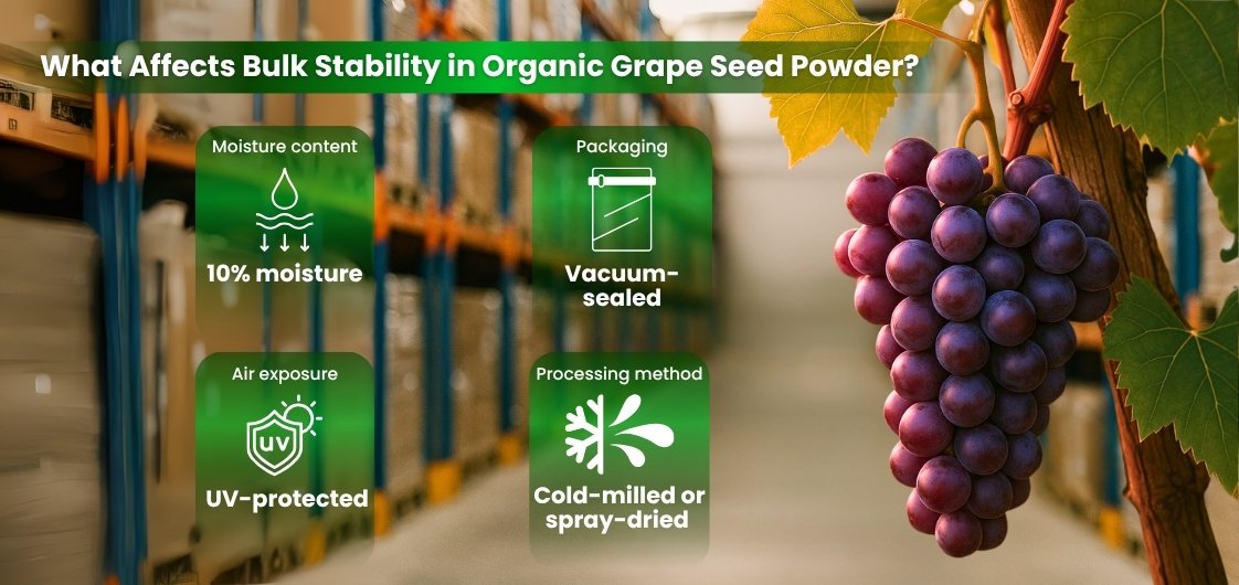 Infographic highlighting factors affecting bulk stability in organic grape seed powder: moisture content, packaging, air exposure, and processing method.