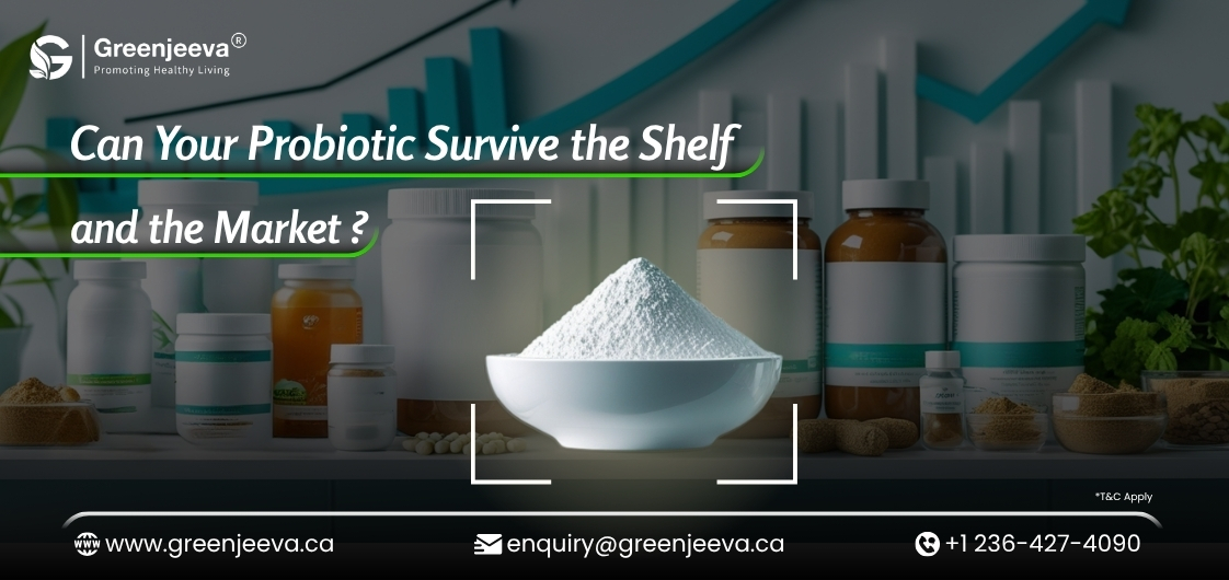 A bowl of probiotic powder in front of various supplement bottles, with text asking if your probiotic can survive market conditions.