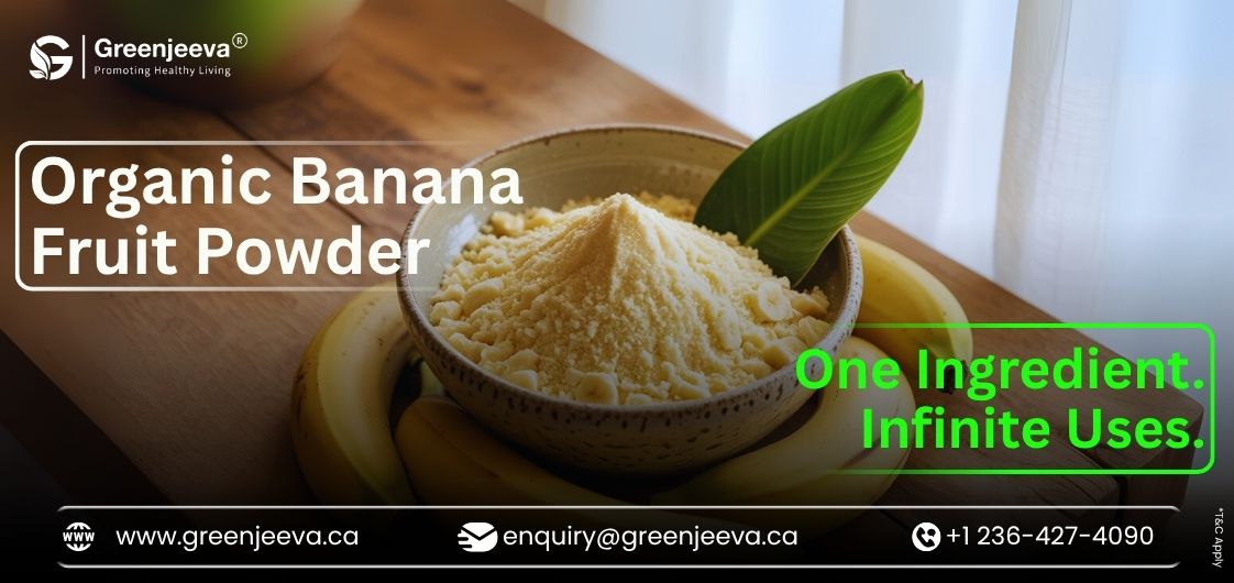 A bowl of organic banana fruit powder with bananas and a leaf in the background, promoting diverse uses for healthy living.
