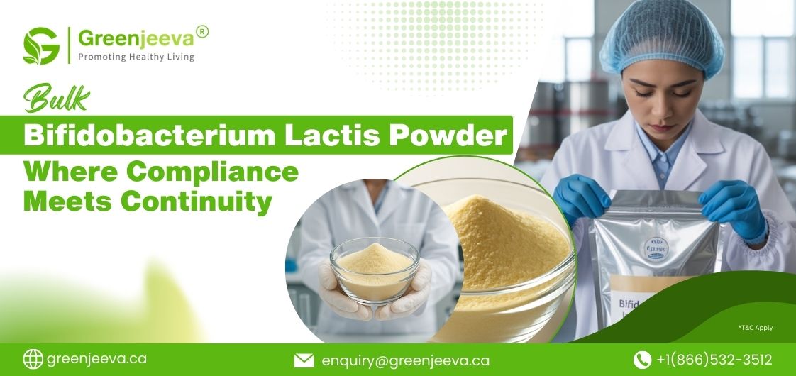 A person in a lab coat and gloves holds a package of Bifidobacterium Lactis Powder, with images of the powder in bowl and bag.