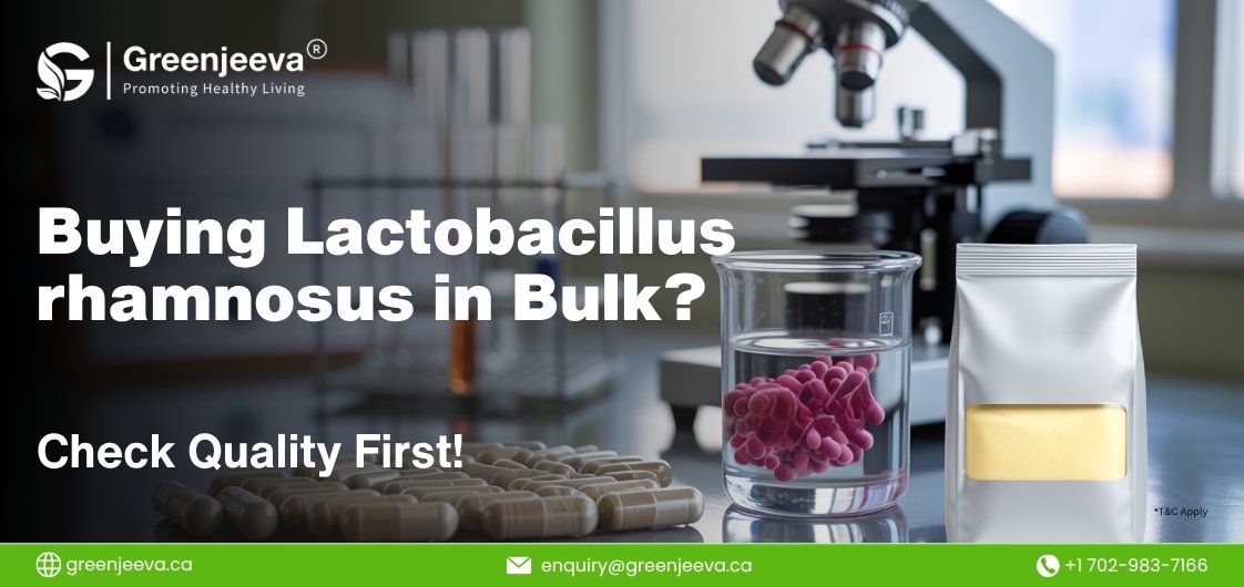 bulk purchase of Lactobacillus rhamnosus with lab equipment, capsules, and a sample in a beaker. Quality assurance emphasized.