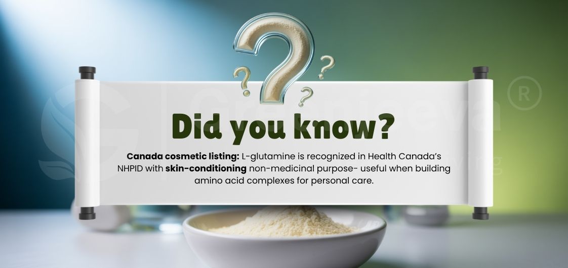 Health Canada NHPID listing of L Glutamine with skin-conditioning non-medicinal purpose, highlighting its use in amino acid complexes for cosmetic and personal care formulations.