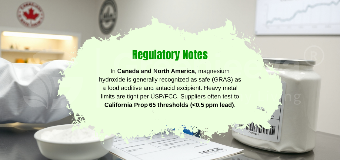 In Canada and North America, magnesium hydroxide is generally recognized as safe (GRAS) as a food additive and antacid excipient. 