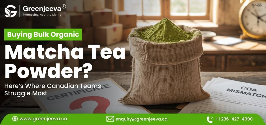 A burlap sack filled with matcha tea powder sits on a table next to papers, highlighting challenges in purchasing organic matcha in Canada.